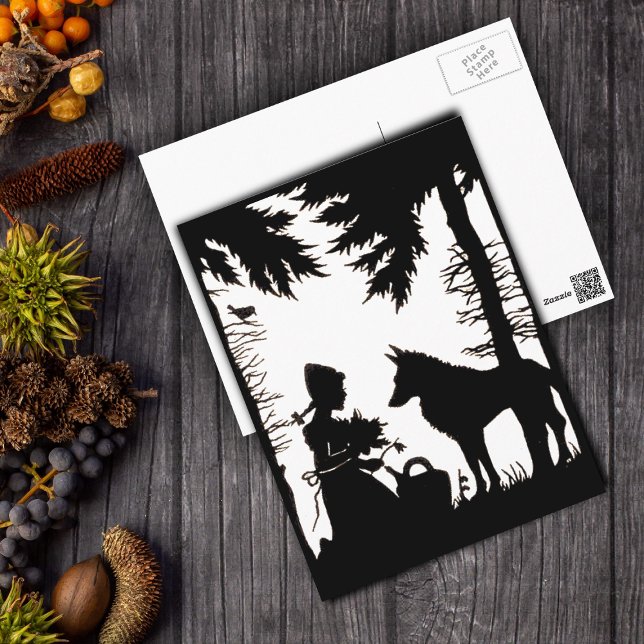 Black Silhouette Red Riding Huva Varg Skogen Vykort (Black Silhouette on white Little red riding hood wolf in woods on postcard.)