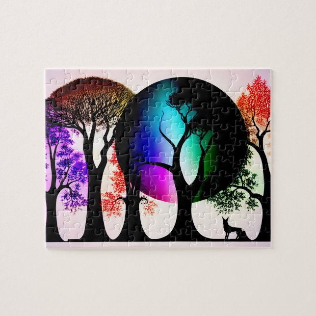 Black Silhouette Scene med modern Multifärgad Abst Pussel (Horisontell)