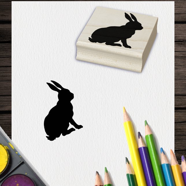 Black Silhouette sitta Rabbit Side Profile Stämpel (Silhouette of side profile of sitting rabbit on craft ink stamp.)
