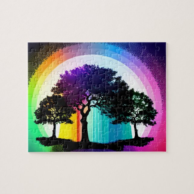 Black Silhouette Träd med Rainbow Background Pussel (Horisontell)