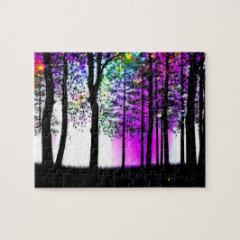 Black Silhouette Träd med Rainbow Löv Pussel