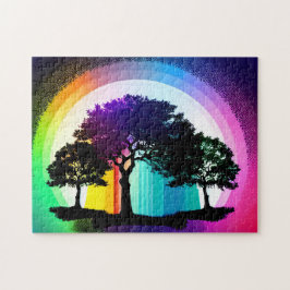 Black Silhouette Träd och Rainbow Background Pussel