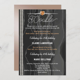 Black Silke, Pearls & Orange Vuxen Joint Birthday Inbjudningar