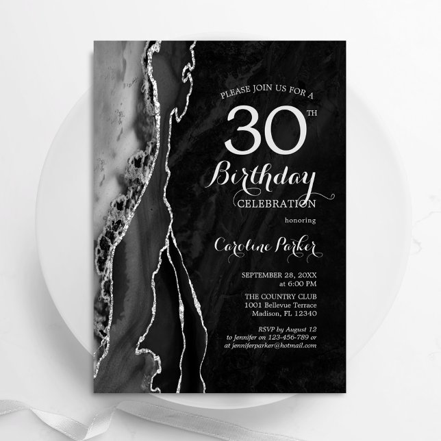 Black Silver Agate 30års födelsedag Inbjudningar (Skapare uppladdad)