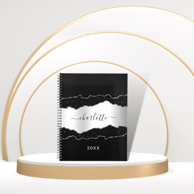 Black silver agate marble glitter namn skript anteckningsbok (Skapare uppladdad)