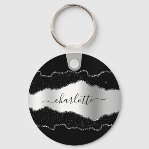 Black silver agate marble namn-skript nyckelring