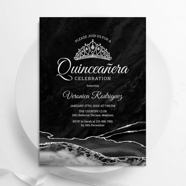 Black Silver Agate Marble Quinceanera Inbjudningar (Skapare uppladdad)