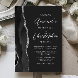 Black Silver Agate Modern Script Bröllop Inbjudningar
