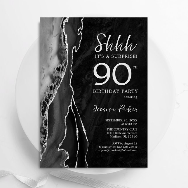Black Silver Agate Surprise 90:e Birthday Inbjudningar (Skapare uppladdad)