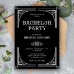 Black Silver Art Deco Bachelor Party Inbjudningar<br><div class="desc">Inbjudan dina gäster med den här vintagen Underbara temat Gatsby, inbjudan till kandidat-parti med silver dekorativt gräns med elegant typografi mot svart bakgrund. Lägg bara till din händelseinformation i den här mallen som är enkel att använda för att göra den till en inbjudan av typen en. Vänd kortet över för...</div>