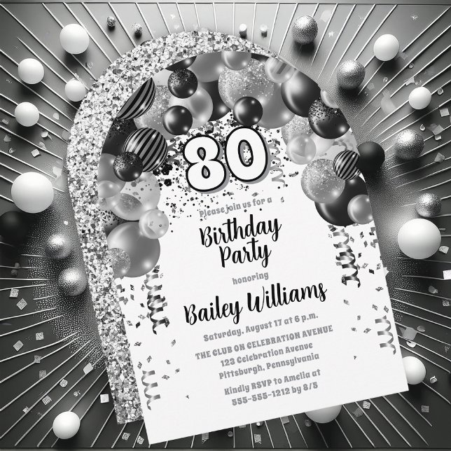 Black Silver Balloon Arch 80:e Födelsedagsfesten Inbjudningar (Silver Tone, Black and White  Celebration Balloons "80" 80th Birthday Party Invitation Print | Digi)