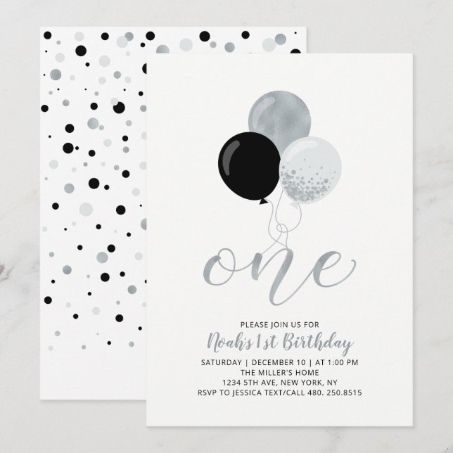 Black & Silver Balloons One 1st Boy Födelsedagsfes Inbjudningar (Fram/baksida)