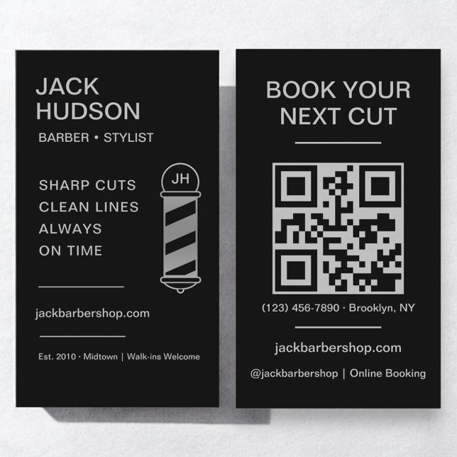 Black Silver Barbershop Barber Haircut QR-kod Visitkort (Skapare uppladdad)
