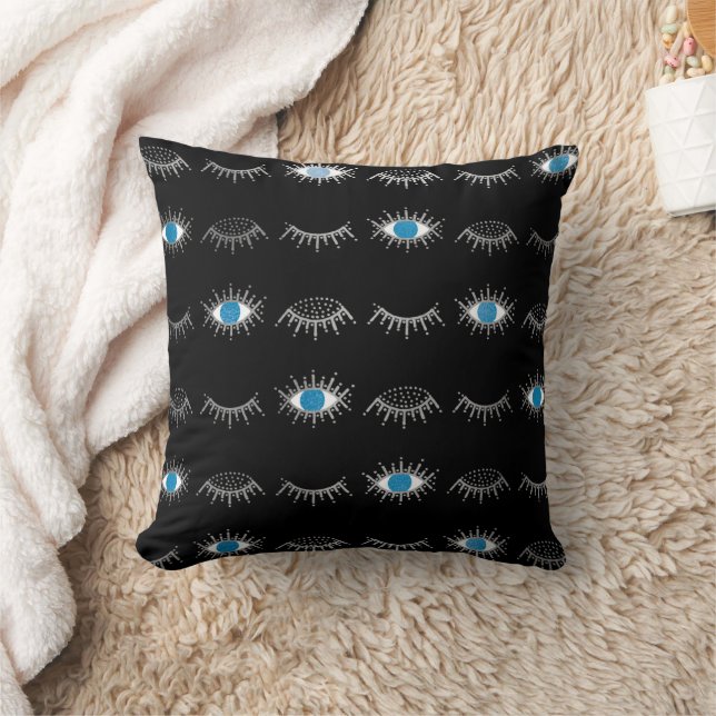 Black & Silver Blue Evil Öga Eyelash Nazar Mati Kudde (Filt)