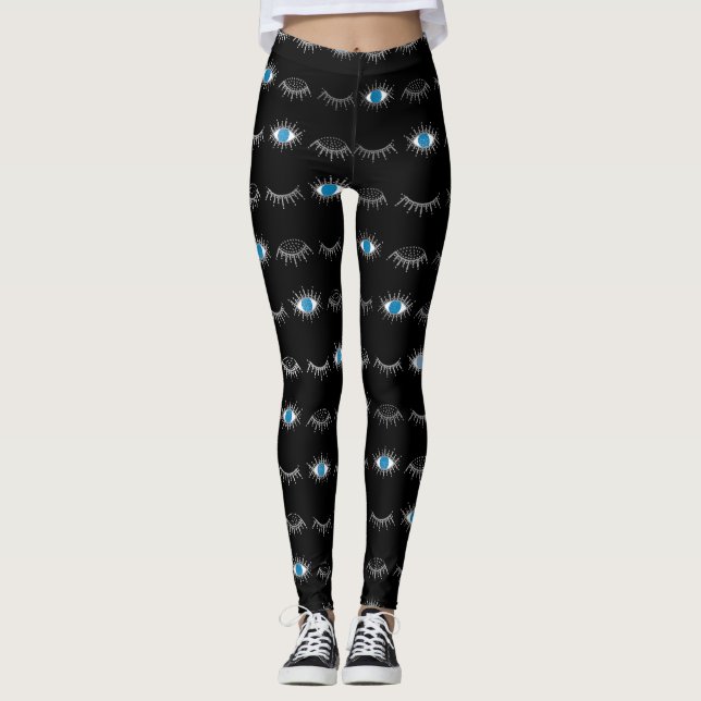 Black & Silver Blue Evil Öga Eyelash Nazar Mati Leggings (Framsida)