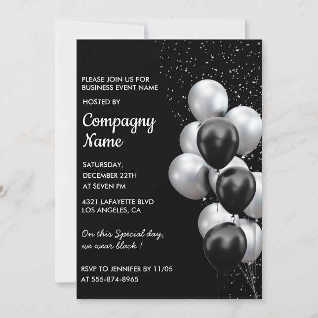 Black Silver Business party inbjudan Balloon (Framsida)