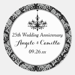 Black, Silver Damask 25-årsjubileum Sticker 2 Runt Klistermärke
