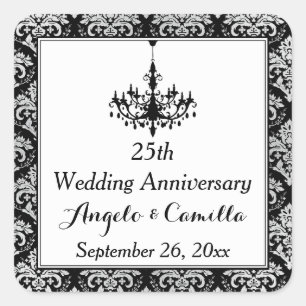 Black, Silver Damask 25-årsjubileum Sticker Fyrkantigt Klistermärke