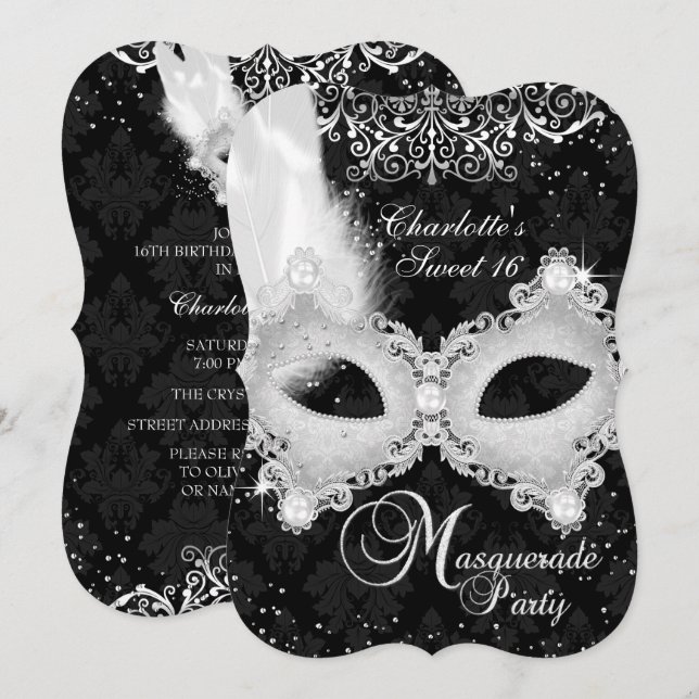Black Silver Damask Mask Masquuppad Sweet 16 Inbjudningar (Fram/baksida)
