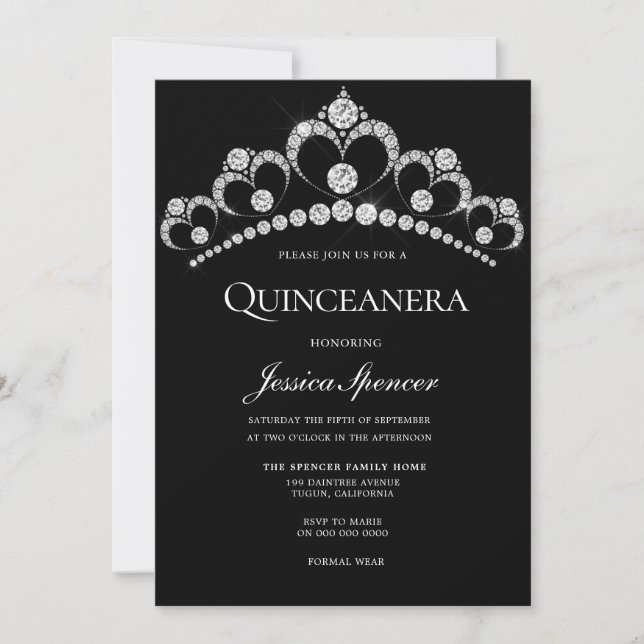 Black & Silver Diamond Tiara Quinceanera Party Inbjudningar (Framsida)