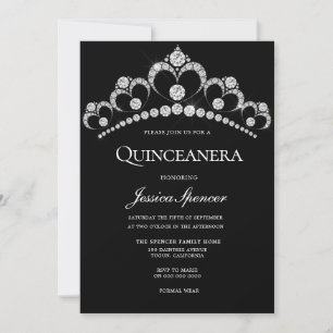 Black & Silver Diamond Tiara Quinceanera Party Inbjudningar