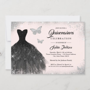 Black Silver Dress Butterfly Quinceanera Inbjudningar
