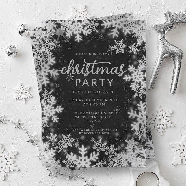 Black Silver Faux Foil Snöflingor, Party, jul Inbjudningar (Black Silver Faux Foil Snowflakes Christmas Party Invitation)