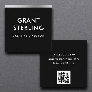 Black Silver Foil Minimal Typography QR-kod Fyrkantigt Visitkort
