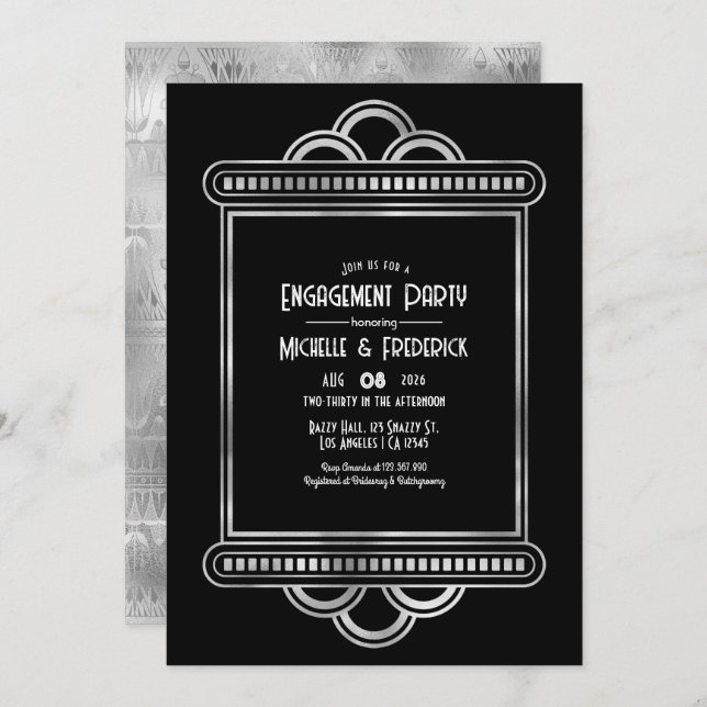 Black & Silver Gatsby Art Deco Engagement Party Inbjudningar (Fram/baksida)