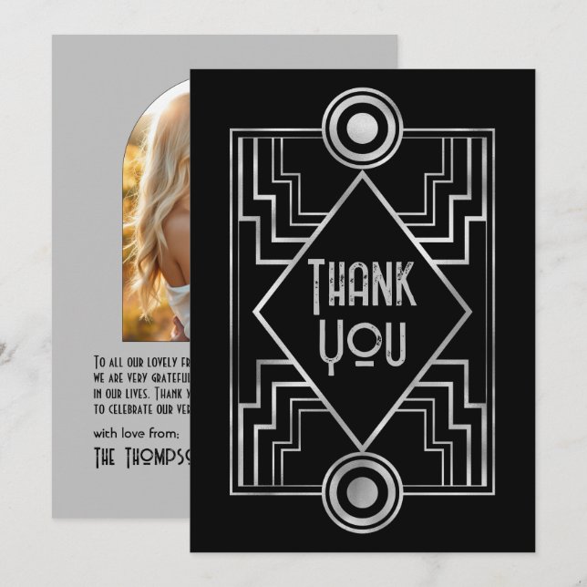 Black & Silver Gatsby-Inspired Art Deco Wedding Tack Kort (Fram/baksida)