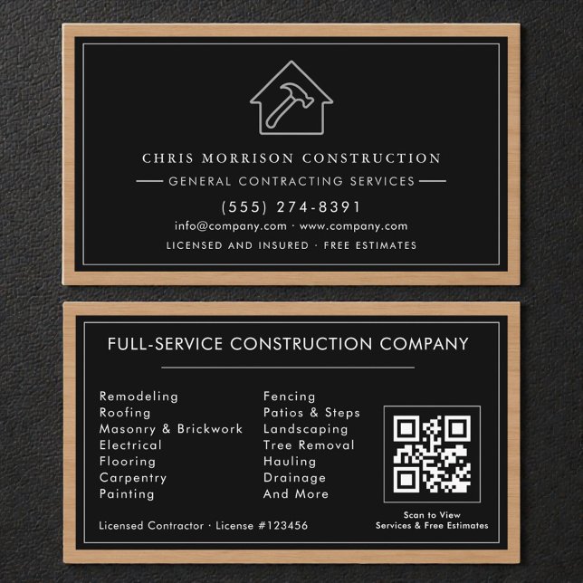 Black & Silver General Contractor QR Code Wood  Visitkort (Skapare uppladdad)