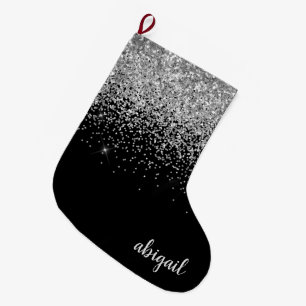 Black Silver Girly Glitter Shimmer Modern Snyggt Stor Julstrumpa