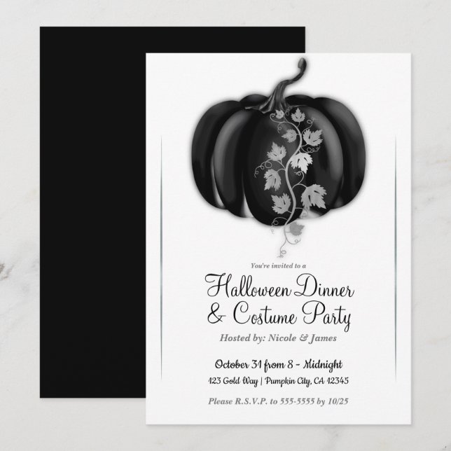 Black & Silver Glam Pumpkin Halloween Dinner Party Inbjudningar (Fram/baksida)