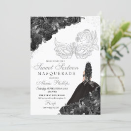 Black & Silver Glitter Blommigt Sweet 16 Masqueraa Inbjudningar