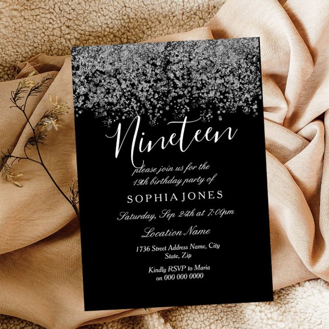 Black Silver Glitter Confetti 19:e födelsedagsfest Inbjudningar (Skapare uppladdad)