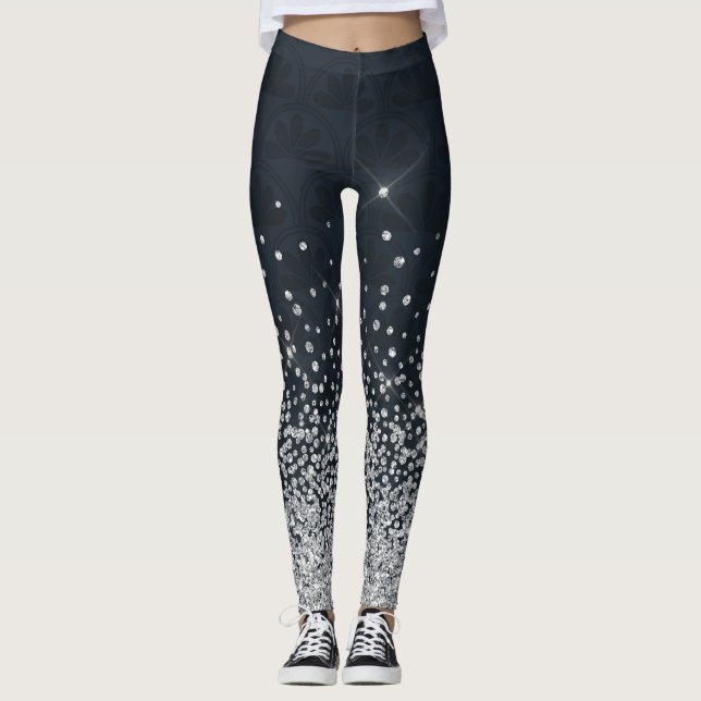 Black Silver Glitter Diamond Sparkly Leggings (Framsida)