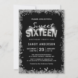 Black Silver Glitter Diamond Sweet 16 sexton Inbjudningar