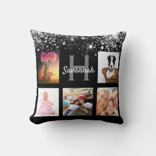 Black silver glitter fotocollage monogram namn kudde