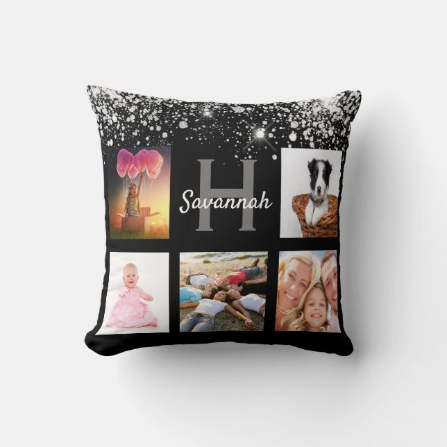 Black silver glitter fotocollage monogram namn kudde (Framsida)