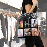 Black silver glitter fotocollage monogram namn tygkasse<br><div class="desc">En unik gåva till en födelsedag, jul, mors dag, som firar sitt liv med fem av dina egna foton, bilder. Anpassa och lägg till hennes namn och monogram brev. Snyggtens svarta bakgrund. Dekorerad med faux-damm från silver glitter. Grått och vitt brev och nummer. Namn är skrivet med ett modernt handskript...</div>