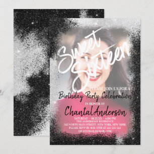 Black Silver Glitter Gräns Photo Sweet sixteen Inbjudningar