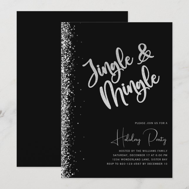 Black Silver Glitter Jingle Mingle Julfest Inbjudningar (Fram/baksida)