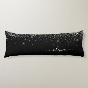 Black Silver Glitter Monogram Namn Girly Kroppskudde