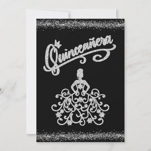 BlacK Silver Glitter Quinceañera 15-inbjudan Inbjudningar (Framsida)