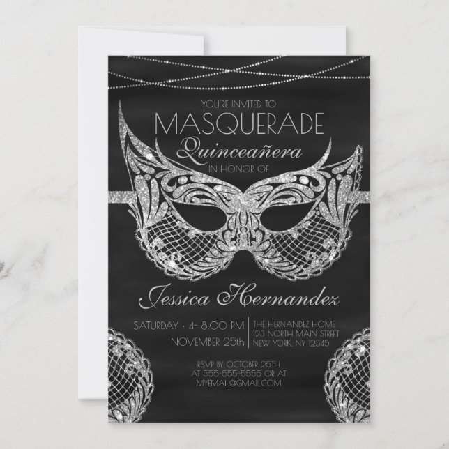 Black Silver Glitter Snöre Masquerad Quinceañera Inbjudningar (Framsida)
