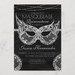 Black Silver Glitter Snöre Masquerad Quinceañera Inbjudningar