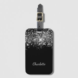 Black silver glitter stogrammogram namn-skript bagagebricka