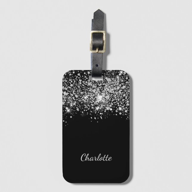 Black silver glitter stogrammogram namn-skript bagagebricka (Framsida vertikal)