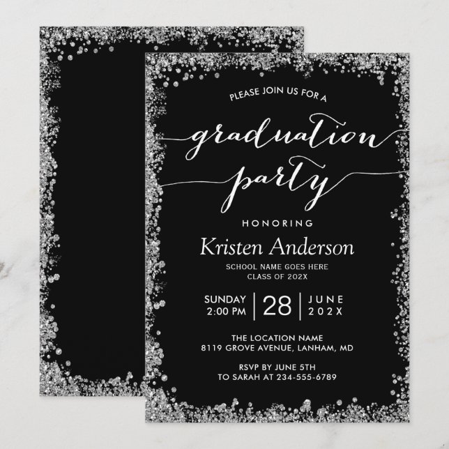 Black Silver Glitter Typography Studentfest Inbjudningar (Fram/baksida)
