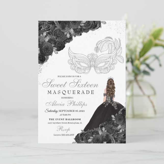 Black Silver Glittery Princess Dress Masquerad Inbjudningar (Stående Fram)